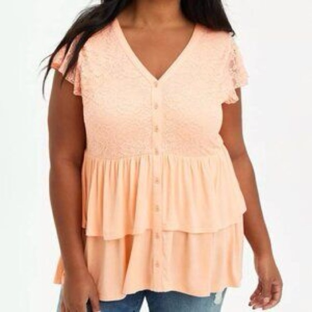 torrid Peach super soft vneck lace bodice babydoll top size 1x
